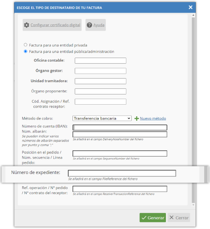 Campos formulario destinatario FacturaE